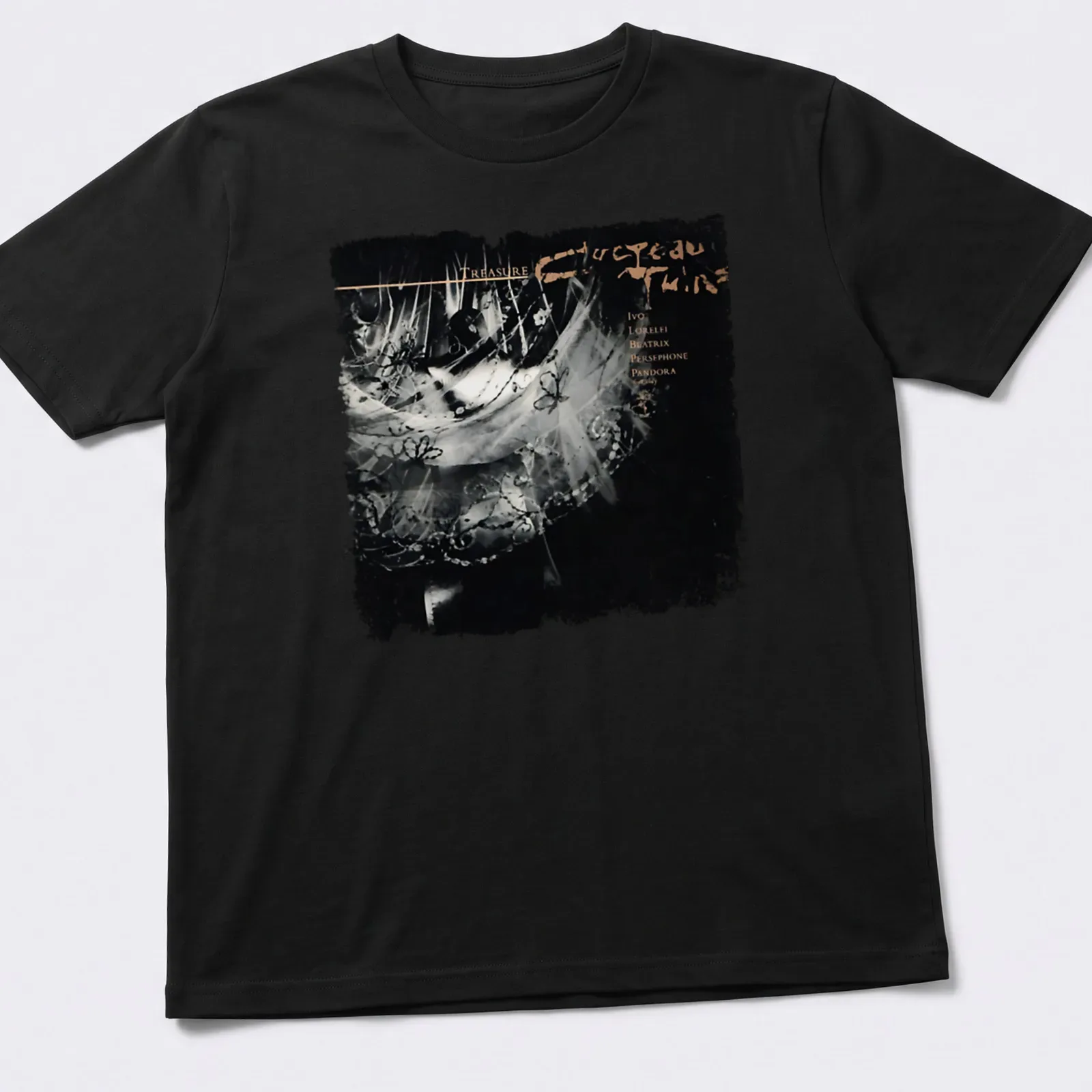 Retro T-shirt featuring the text 'TREASURE Ivo Lorelei Beatrix Persephone Pandora' in black and gold. — printed on a unisex t-shirt