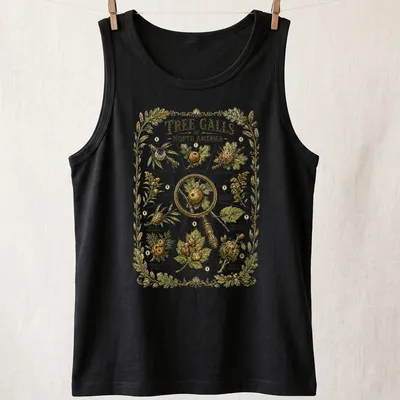 Botanical illustration t-shirt featuring various tree galls with detailed text. — printed on a tank top