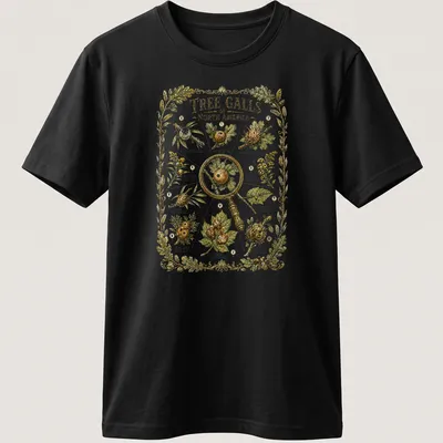 Botanical illustration t-shirt featuring various tree galls with detailed text.