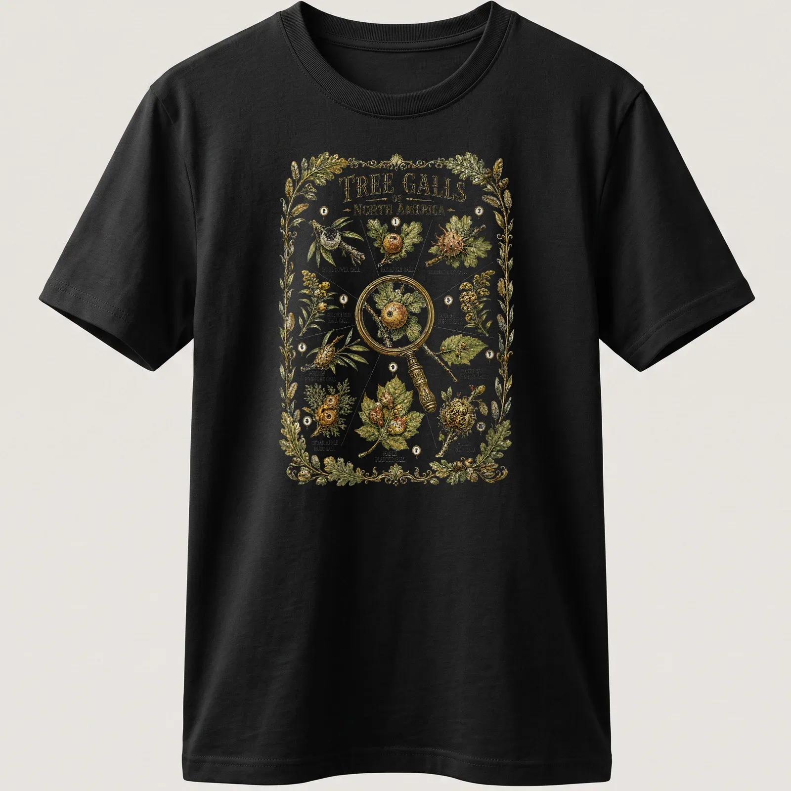 Botanical illustration t-shirt featuring various tree galls with detailed text. — printed on a unisex t-shirt