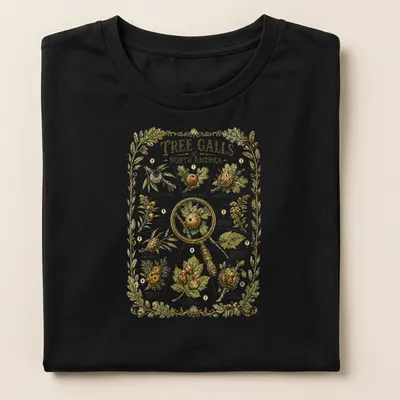 Botanical illustration t-shirt featuring various tree galls with detailed text. — printed on a women's shirt