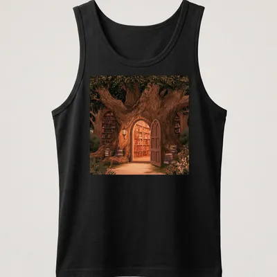 Illustrative t-shirt featuring a tree with books hanging from its branches in earthy colors. — printed on a tank top