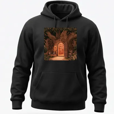 Illustrative t-shirt featuring a tree with books hanging from its branches in earthy colors. — printed on a unisex hoodie