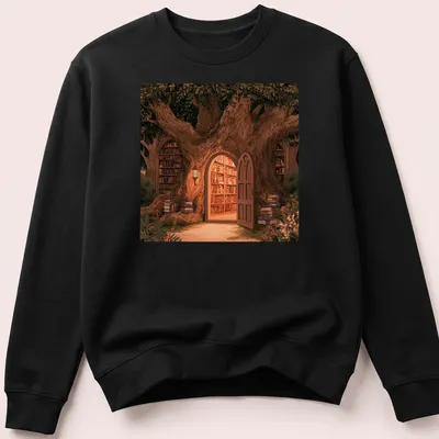 Illustrative t-shirt featuring a tree with books hanging from its branches in earthy colors. — printed on a unisex sweatshirt