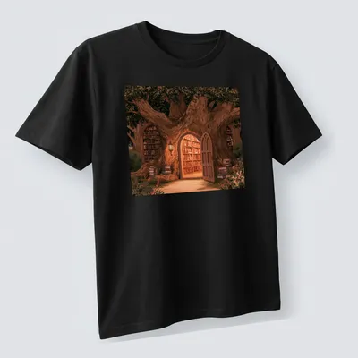 Illustrative t-shirt featuring a tree with books hanging from its branches in earthy colors. — printed on a unisex t-shirt (angled view)