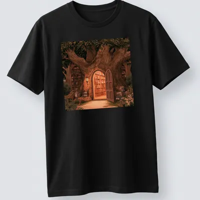 Illustrative t-shirt featuring a tree with books hanging from its branches in earthy colors.