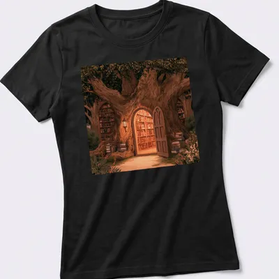Illustrative t-shirt featuring a tree with books hanging from its branches in earthy colors. — printed on a women's shirt