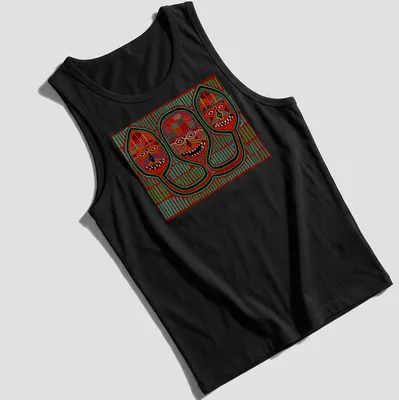 Vibrant geometric print featuring three tribal masks in red, green, yellow, black, and white — printed on a tank top