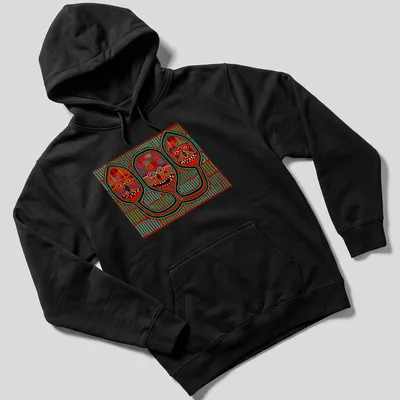 Vibrant geometric print featuring three tribal masks in red, green, yellow, black, and white — printed on a unisex hoodie