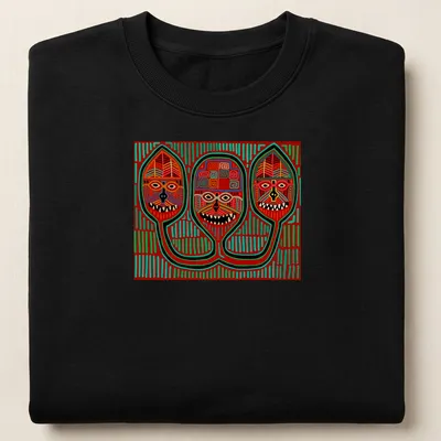 Vibrant geometric print featuring three tribal masks in red, green, yellow, black, and white — printed on a unisex sweatshirt