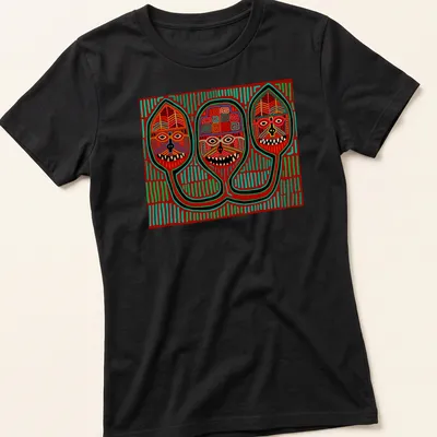 Vibrant geometric print featuring three tribal masks in red, green, yellow, black, and white — printed on a women's shirt