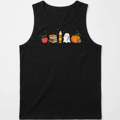 Kawaii illustration of cute school supplies in Halloween costumes — printed on a tank top