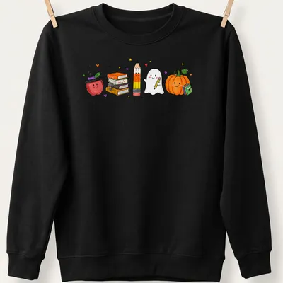 Kawaii illustration of cute school supplies in Halloween costumes — printed on a unisex sweatshirt