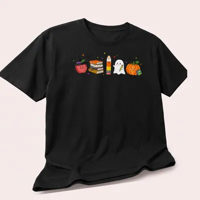 Kawaii illustration of cute school supplies in Halloween costumes — printed on a unisex t-shirt (angled view)