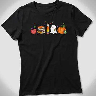 Kawaii illustration of cute school supplies in Halloween costumes — printed on a women's shirt