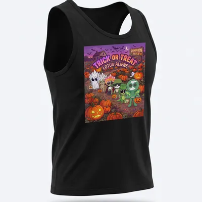 Colorful cartoon of Lotus aliens in Halloween costumes with text above — printed on a tank top