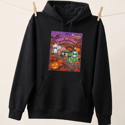 Colorful cartoon of Lotus aliens in Halloween costumes with text above — printed on a unisex hoodie