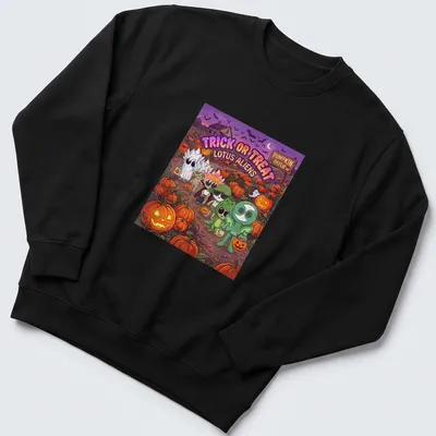 Colorful cartoon of Lotus aliens in Halloween costumes with text above — printed on a unisex sweatshirt