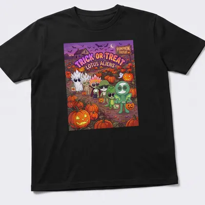 Colorful cartoon of Lotus aliens in Halloween costumes with text above