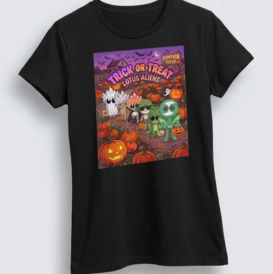 Colorful cartoon of Lotus aliens in Halloween costumes with text above — printed on a women's shirt