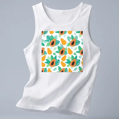 Tropical pattern featuring papaya fruit and leaves in orange and green — printed on a tank top