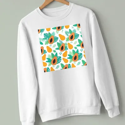 Tropical pattern featuring papaya fruit and leaves in orange and green — printed on a unisex sweatshirt
