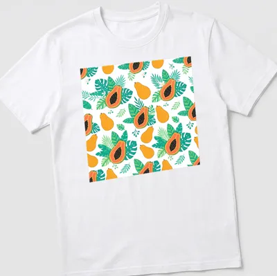 Tropical pattern featuring papaya fruit and leaves in orange and green — printed on a unisex t-shirt