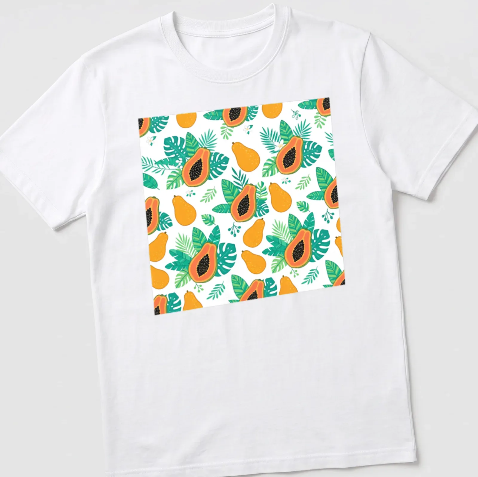 Tropical pattern featuring papaya fruit and leaves in orange and green — printed on a unisex t-shirt