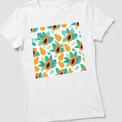 Tropical pattern featuring papaya fruit and leaves in orange and green — printed on a women's shirt