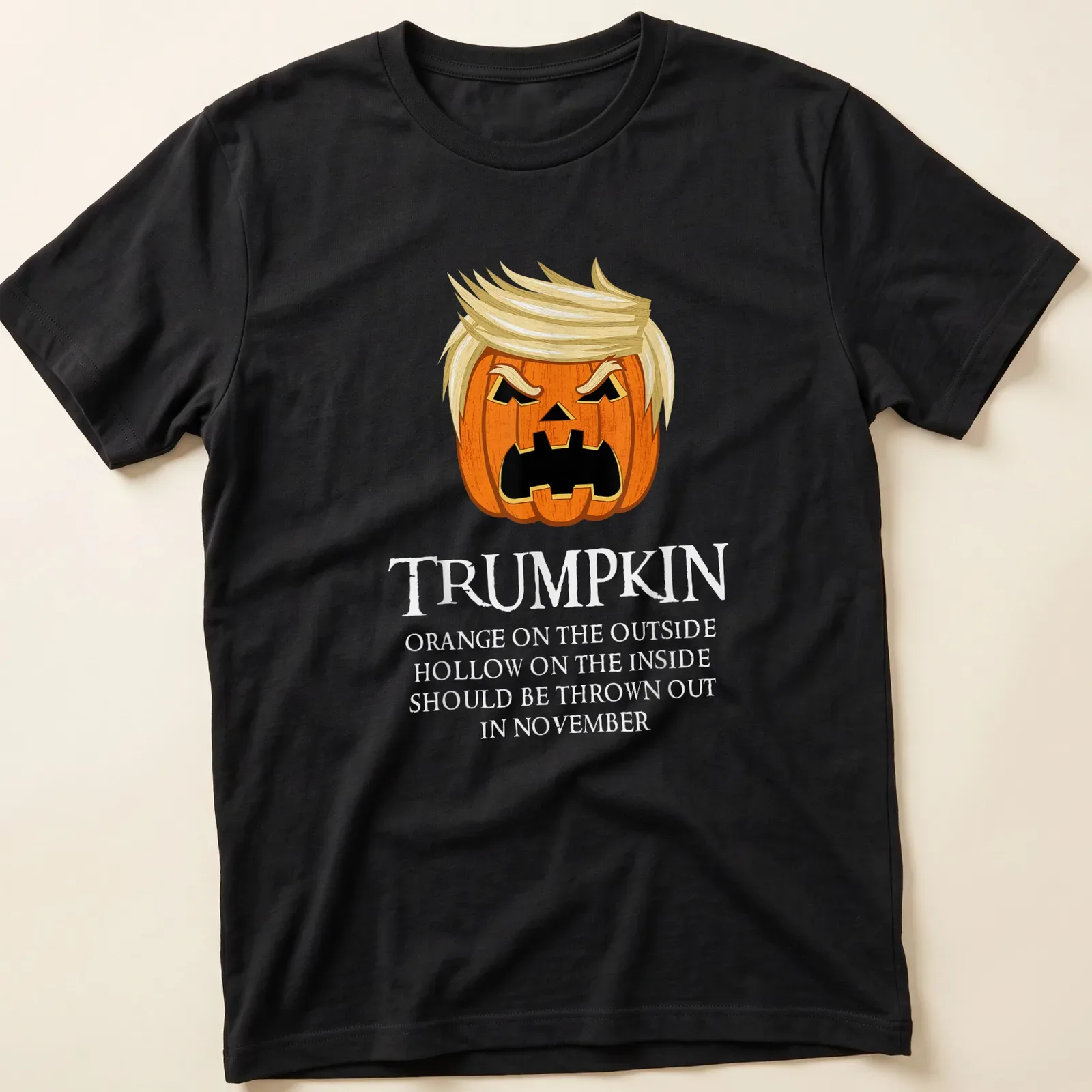 Cartoon pumpkin with hair and humorous text about November — printed on a unisex t-shirt