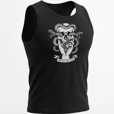 Gothic tattoo art featuring a skull with snakes and hand, bold text 'TRUST NO ONE' — printed on a tank top