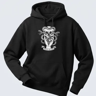 Gothic tattoo art featuring a skull with snakes and hand, bold text 'TRUST NO ONE' — printed on a unisex hoodie
