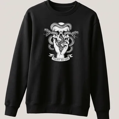 Gothic tattoo art featuring a skull with snakes and hand, bold text 'TRUST NO ONE' — printed on a unisex sweatshirt