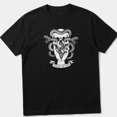 Gothic tattoo art featuring a skull with snakes and hand, bold text 'TRUST NO ONE'