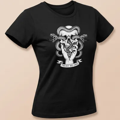Gothic tattoo art featuring a skull with snakes and hand, bold text 'TRUST NO ONE' — printed on a women's shirt
