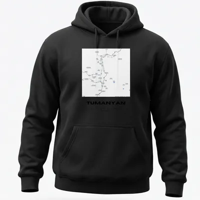 Minimalist T-shirt featuring the coordinates of Tumanyan, Armenia, in black and white — printed on a unisex hoodie