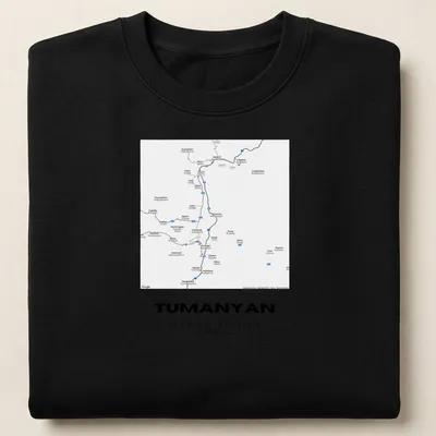 Minimalist T-shirt featuring the coordinates of Tumanyan, Armenia, in black and white — printed on a unisex sweatshirt