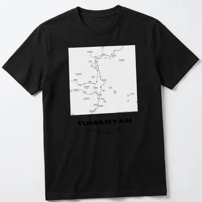 Minimalist T-shirt featuring the coordinates of Tumanyan, Armenia, in black and white