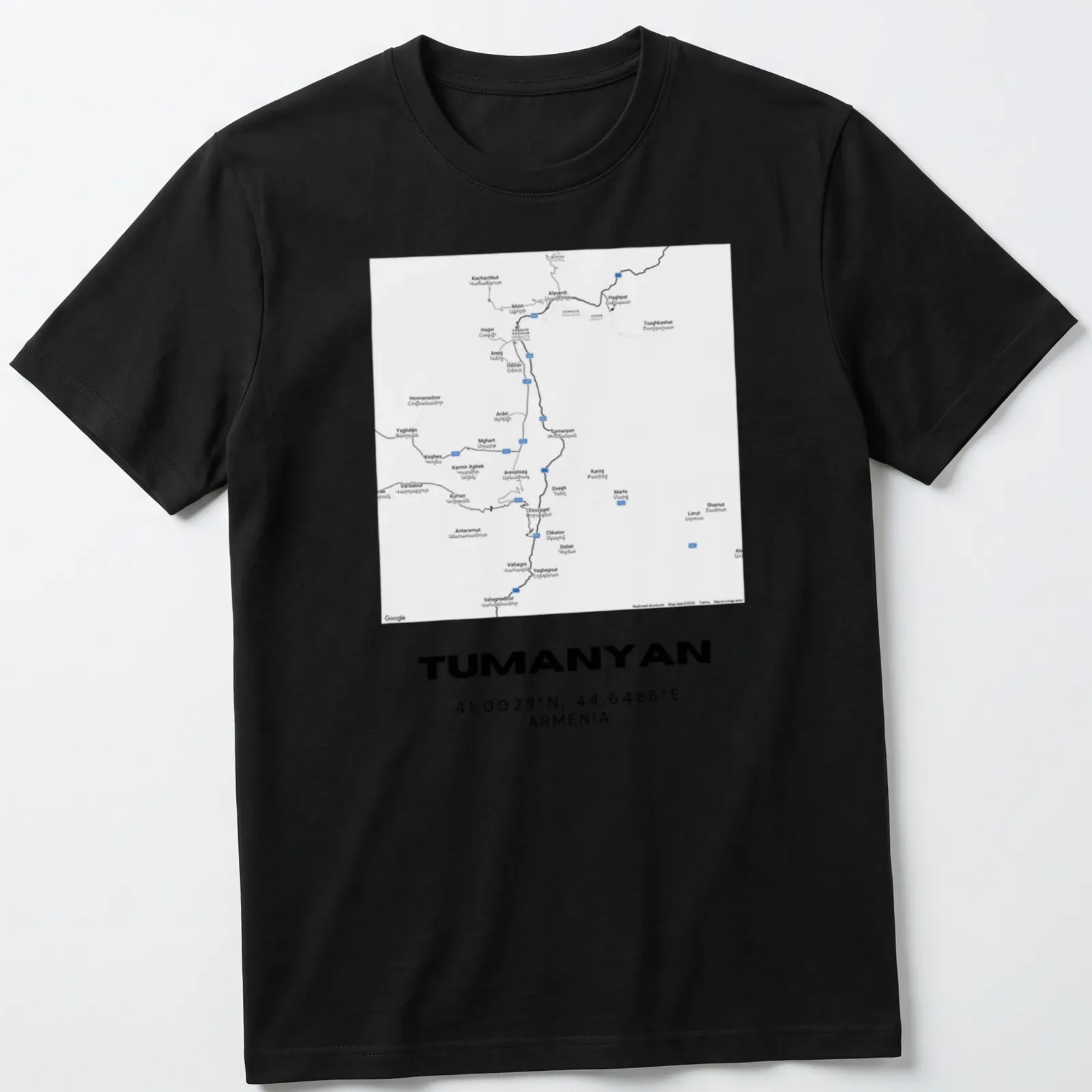 Minimalist T-shirt featuring the coordinates of Tumanyan, Armenia, in black and white — printed on a unisex t-shirt