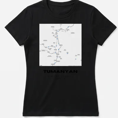 Minimalist T-shirt featuring the coordinates of Tumanyan, Armenia, in black and white — printed on a women's shirt