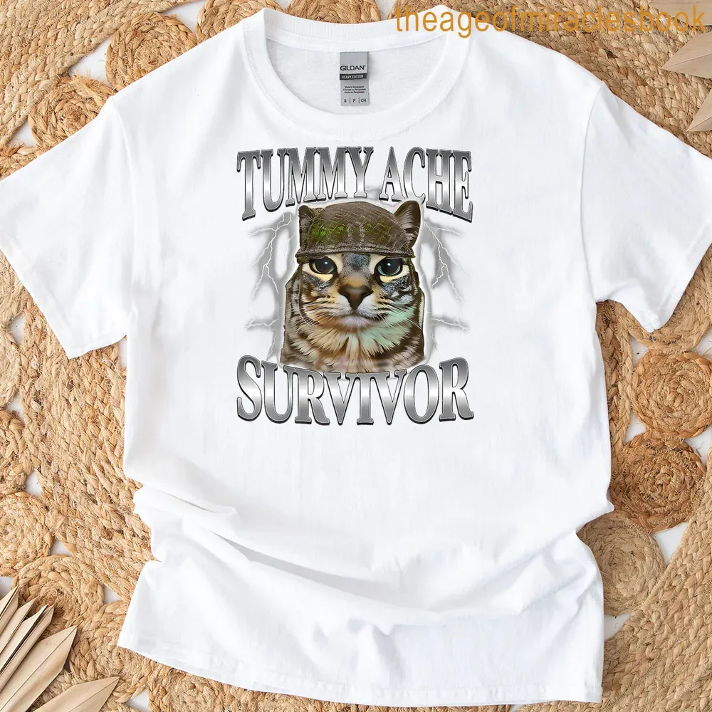 Cartoon cat in helmet with text TUMMY ACHE SURVIVOR underneath