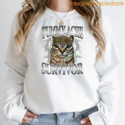 Cartoon cat in helmet with text TUMMY ACHE SURVIVOR underneath — printed on a sweatshirt