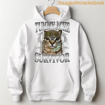 Cartoon cat in helmet with text TUMMY ACHE SURVIVOR underneath — printed on a unisex hoodie