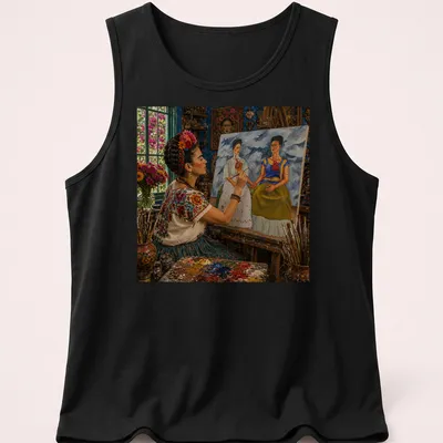 Frida Kahlo inspired graphic with two hearts and vibrant colors — printed on a tank top