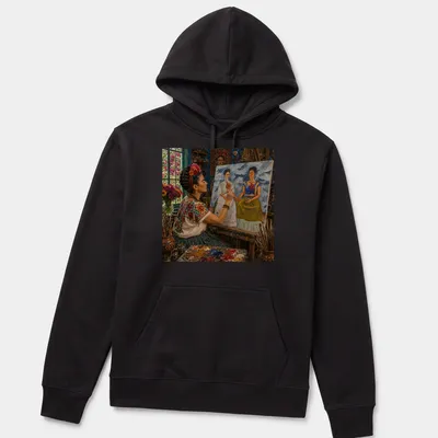 Frida Kahlo inspired graphic with two hearts and vibrant colors — printed on a unisex hoodie