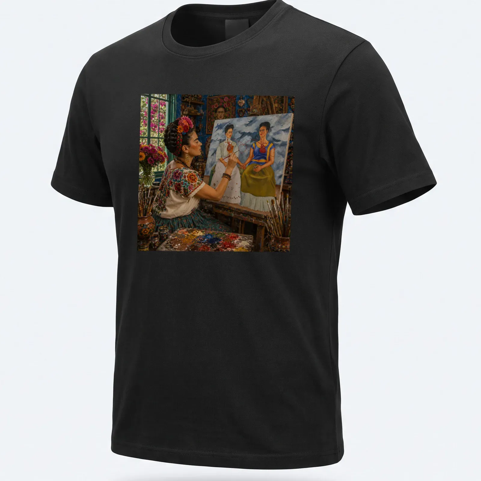 Frida Kahlo inspired graphic with two hearts and vibrant colors — printed on a unisex t-shirt