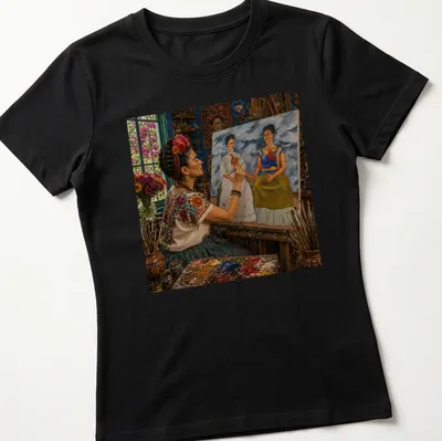 Frida Kahlo inspired graphic with two hearts and vibrant colors — printed on a women's shirt