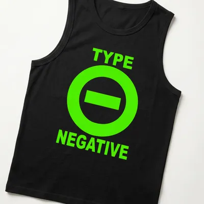 Bold graphic t-shirt with Type O Negative text and a circle minus sign — printed on a tank top
