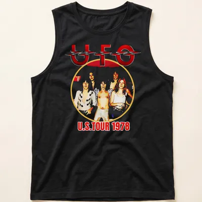 Vintage style UFO U.S. Tour 1978 band t-shirt with bold lettering — printed on a tank top