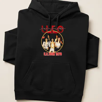 Vintage style UFO U.S. Tour 1978 band t-shirt with bold lettering — printed on a unisex hoodie